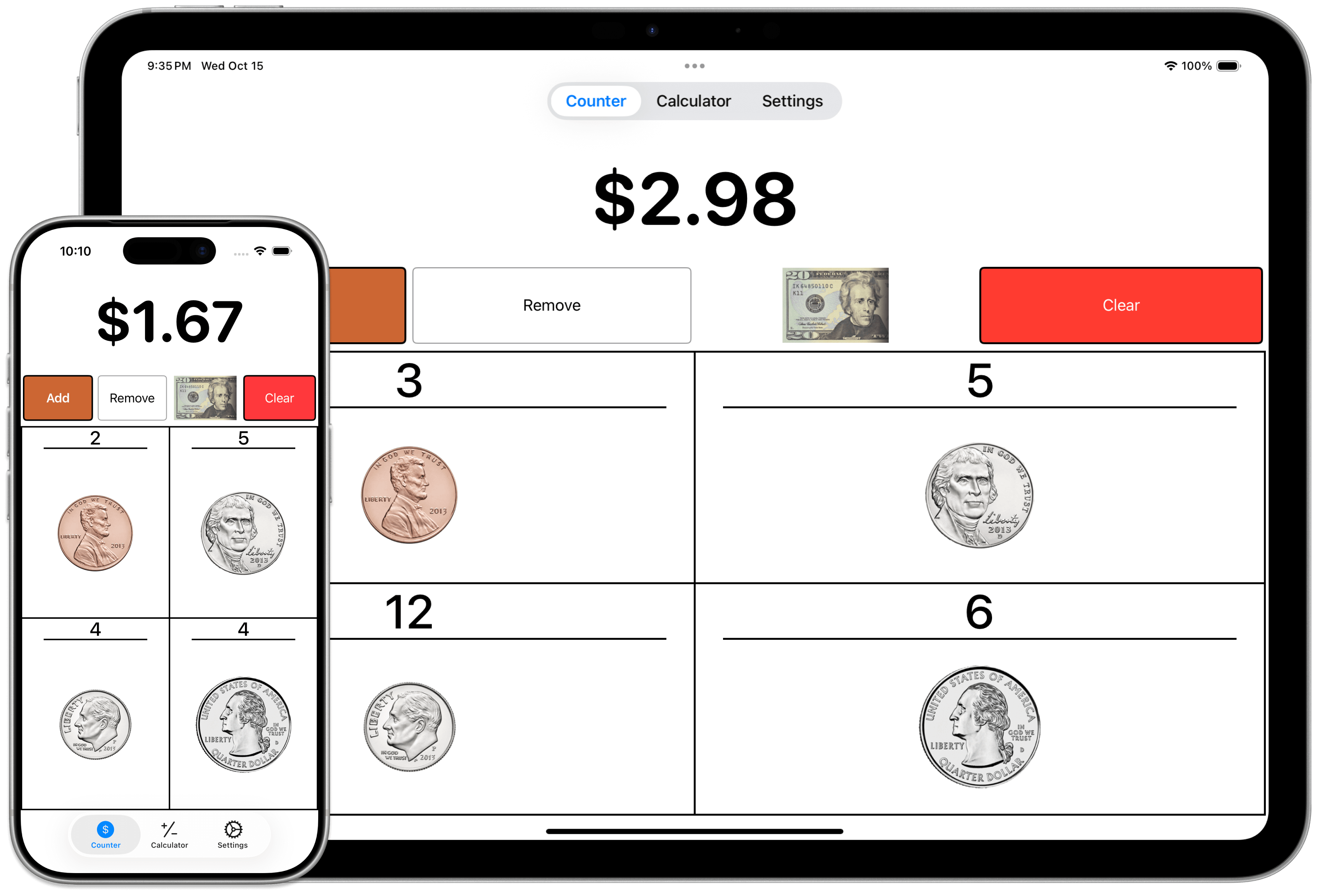 Visual Currency Calculator app interface showing coin counting features