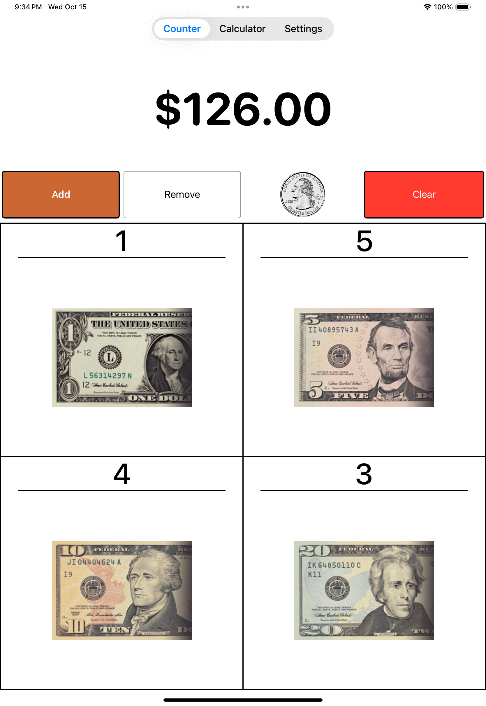 Visual Currency Calculator Counter Mode showing coin and bill buttons with running total