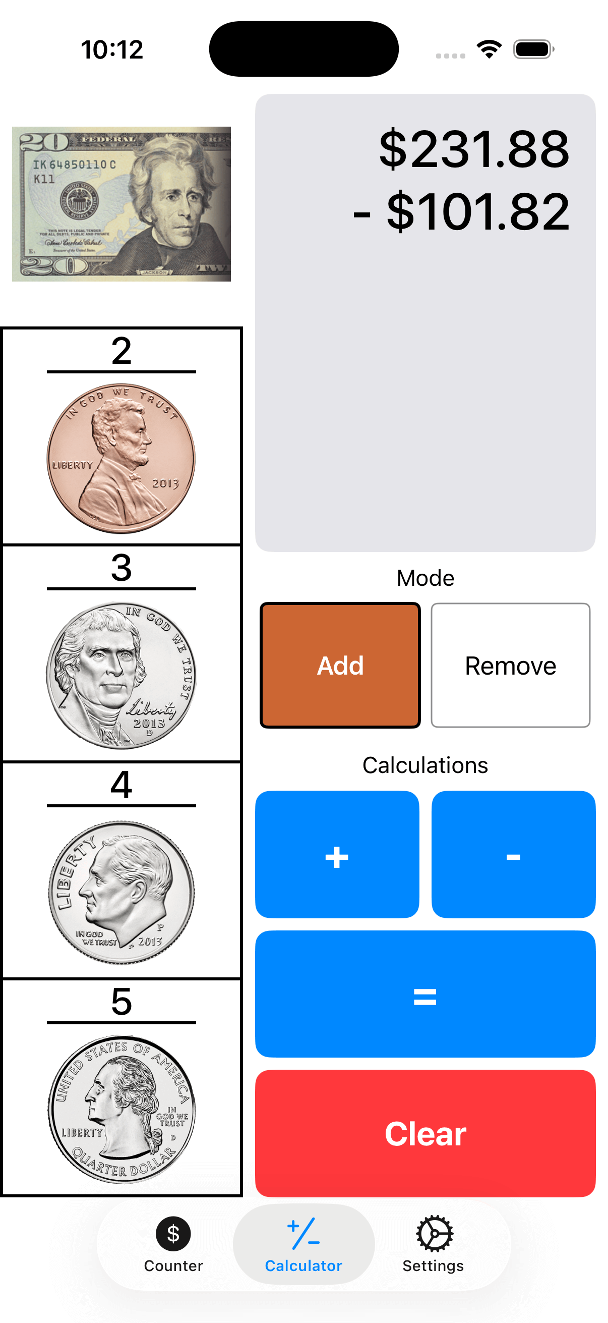 Visual Currency Calculator in Calculator Mode showing multiple currency amounts being added together